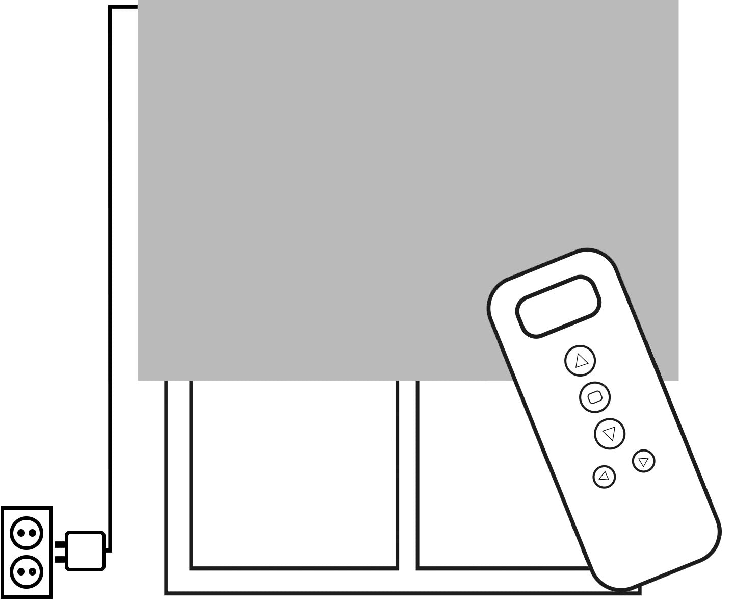 Illustration av en fjärrkontroll bredvid ett eluttag med en rullgardin i bakgrunden.