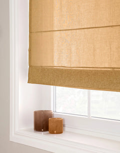 Roman blind in light-filtering mustard gold fabric